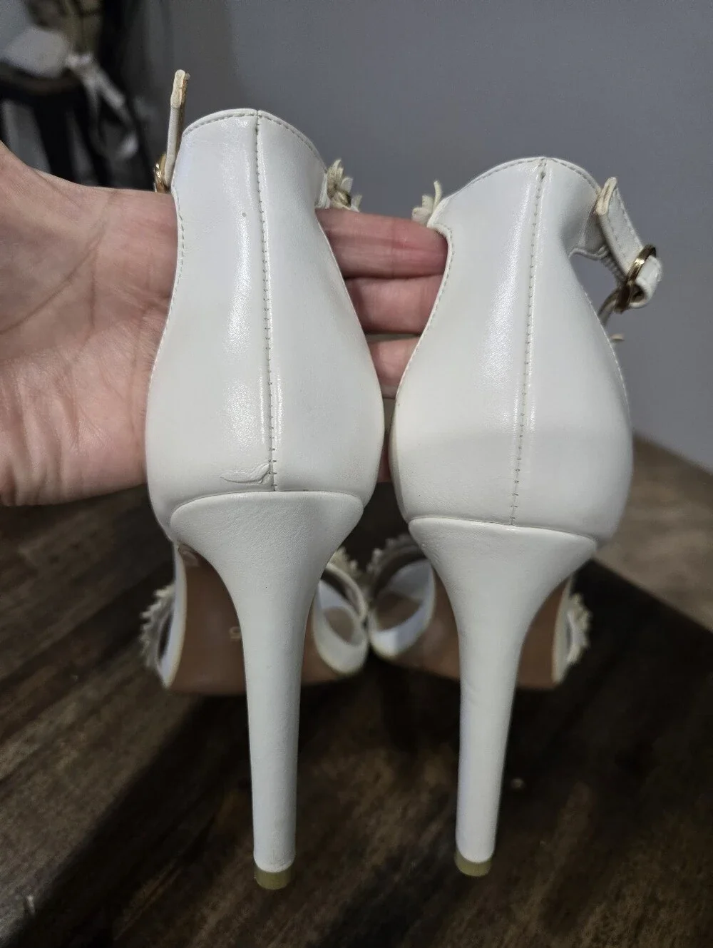 IDIFU White Floral Embellished T-Strap High Heel Sandals